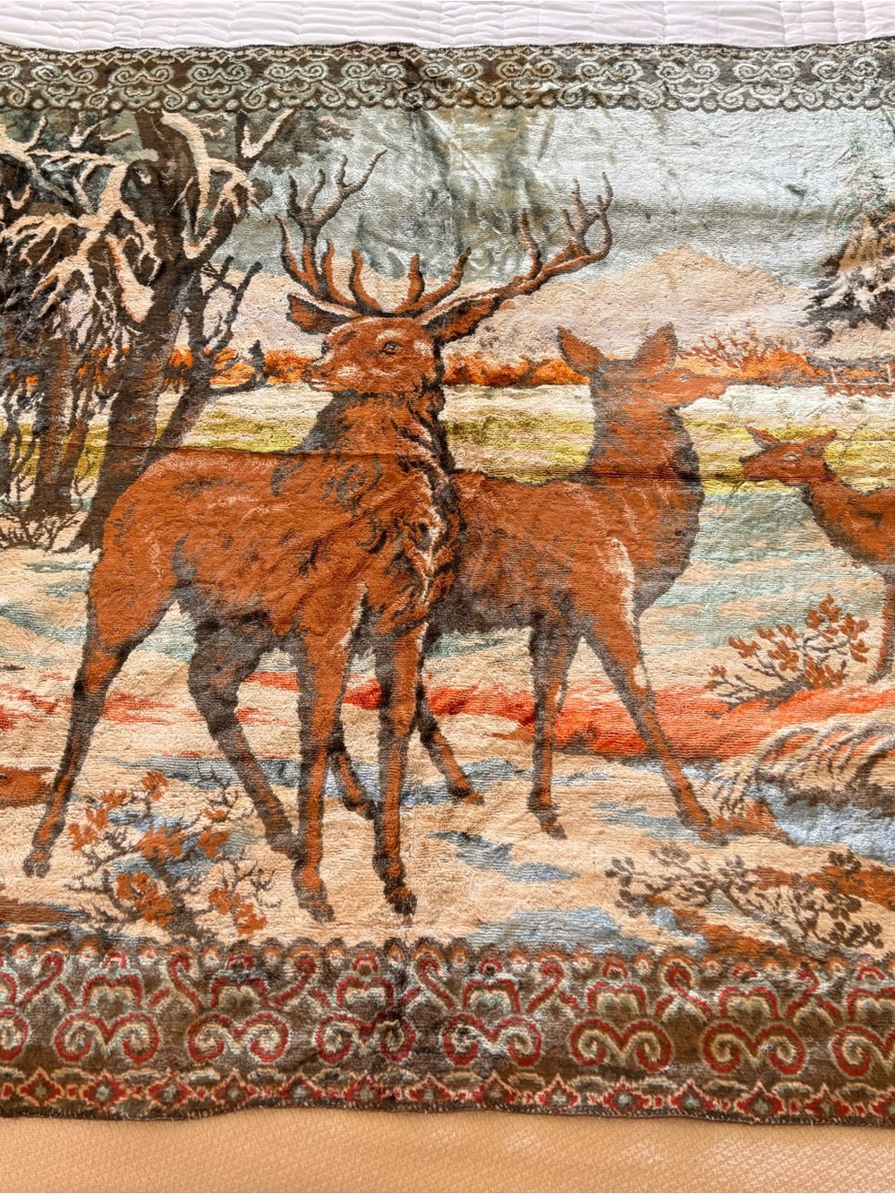 Vintage Mid Century Velvet Deer Tapestry Blanket - Cabin Core 45”x64”